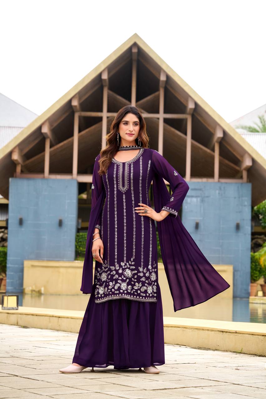 Royal Purple Georgette Embroidered Sharara Suit Set with Sequin Work