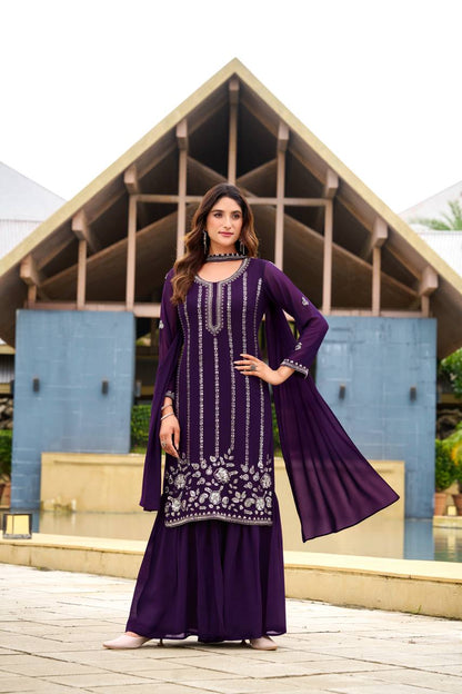 Royal Purple Georgette Embroidered Sharara Suit Set with Sequin Work
