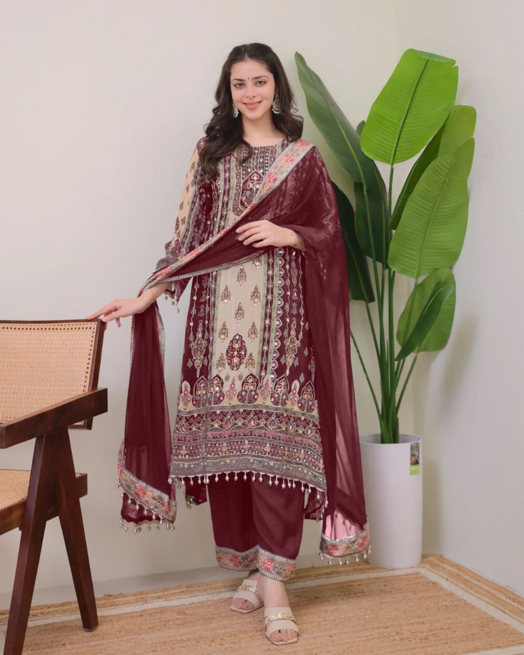Designer Wine & Beige Shimmer Suit Set with Fancy Mirror Work