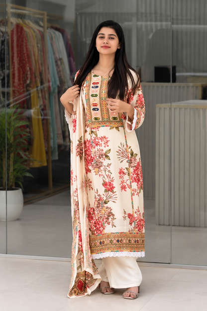 Very Attractive Floral Printed Muslin Suit Set with Sequin Embroidery Work