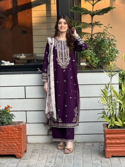 Elegant Royal Purple Faux Georgette Sequence Embroidery Salwar Suit Set