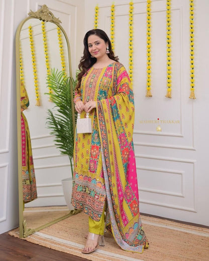 Very Beautiful Multi-Color Muslin Printed Suit Set with Dupatta