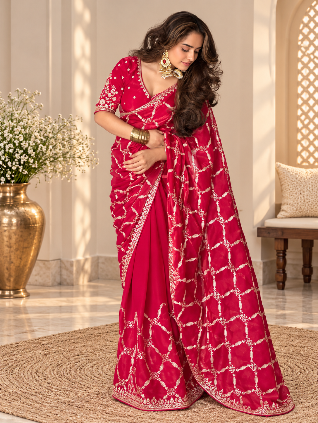 Very Attractive Magenta Thread Work Fendy Silk Saree