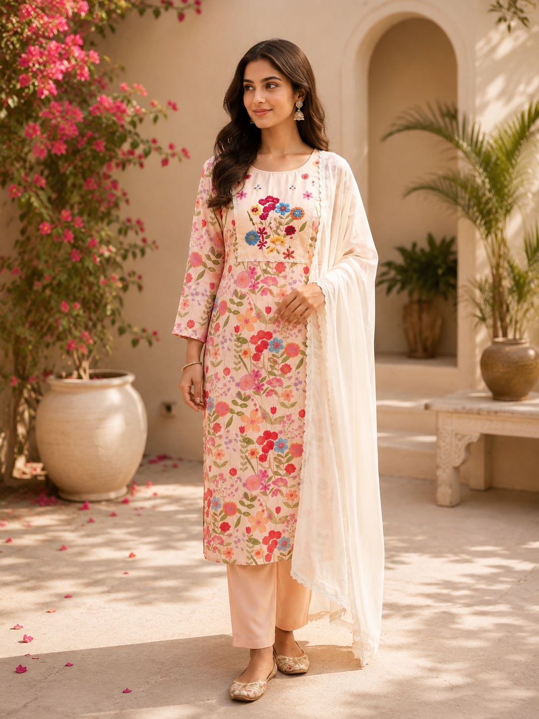 Catchy Peach Blossom Pure Linen Cotton Embroidered Suit Set