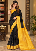 Elegant Black and Golden-Yellow Kanjivaram Style Silk Festive Saree