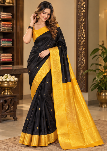 Elegant Black and Golden-Yellow Kanjivaram Style Silk Festive Saree