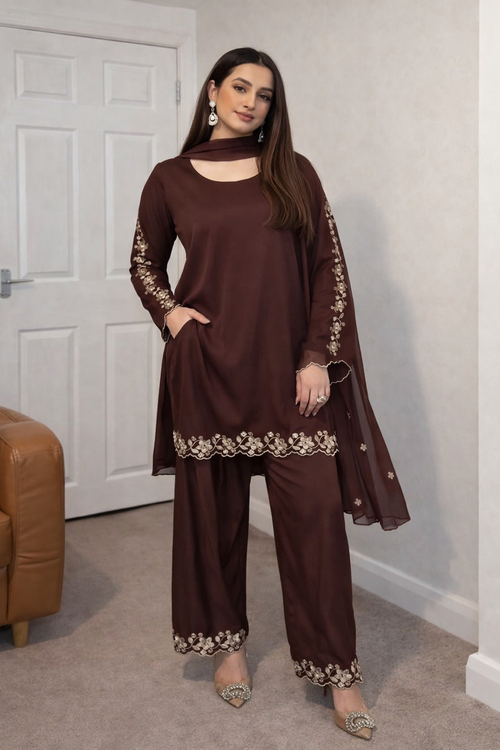 Stylish Brown Faux Georgette Embroidered Suit Set with Dupatta