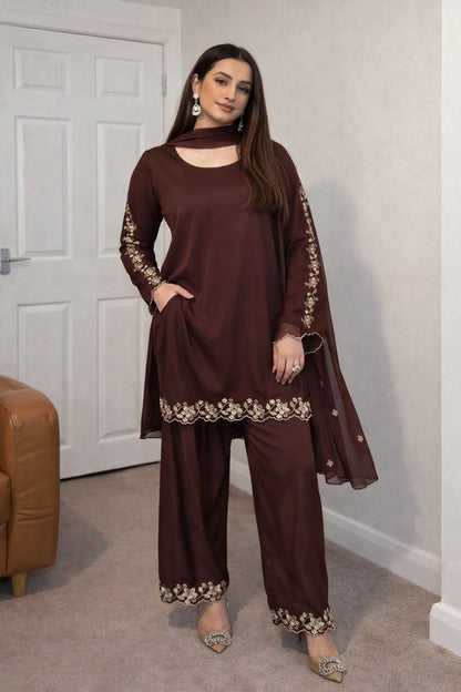 Stylish Brown Faux Georgette Embroidered Suit Set with Dupatta