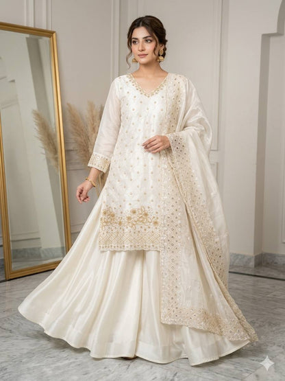 Elegant White Fendy Silk Sharara Suit Set with Sequence Embroidery Work