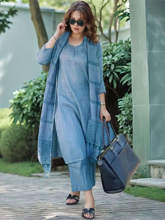 Elegant Steel Blue Premium Rayon Kurta Set with Dupatta