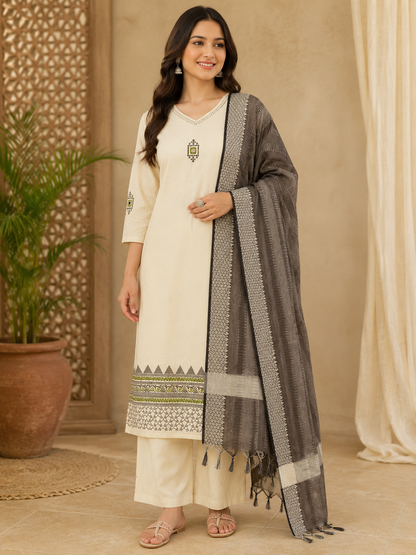 Premium Heritage Khadi Cotton Embroidery Suit Set With Real Mirror Work