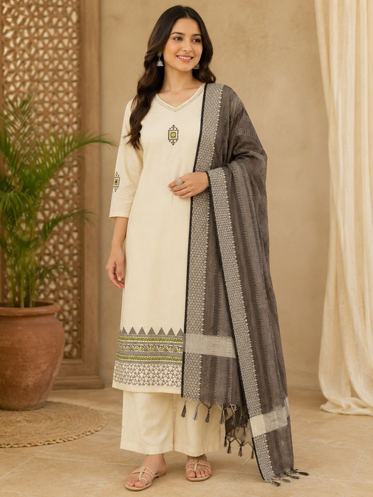 Premium Heritage Khadi Cotton Embroidery Suit Set With Real Mirror Work