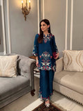 Premium Teal Blue French Crepe Embroidered Co-ord Set