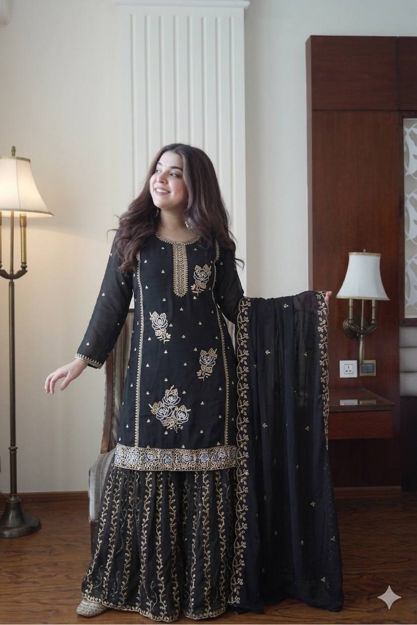 Premium Black Fox Georgette Sharara Suit with Sequins Embroidery Work