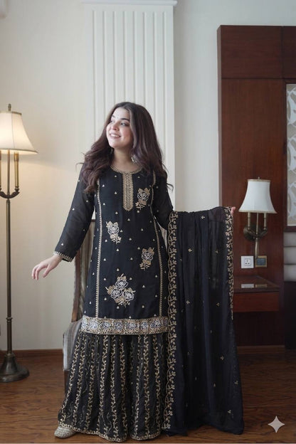 Premium Black Fox Georgette Sharara Suit with Sequins Embroidery Work