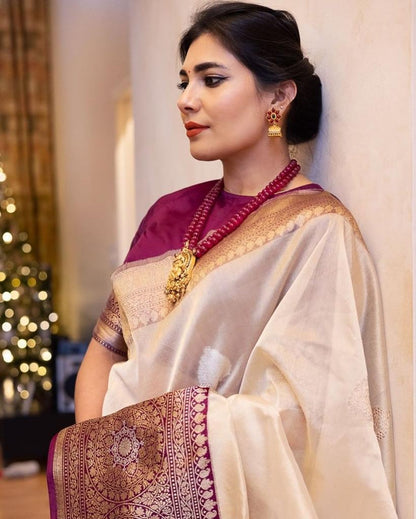 Beautiful Beige Soft Banarasi Silk Saree With Adorable Blouse Piece