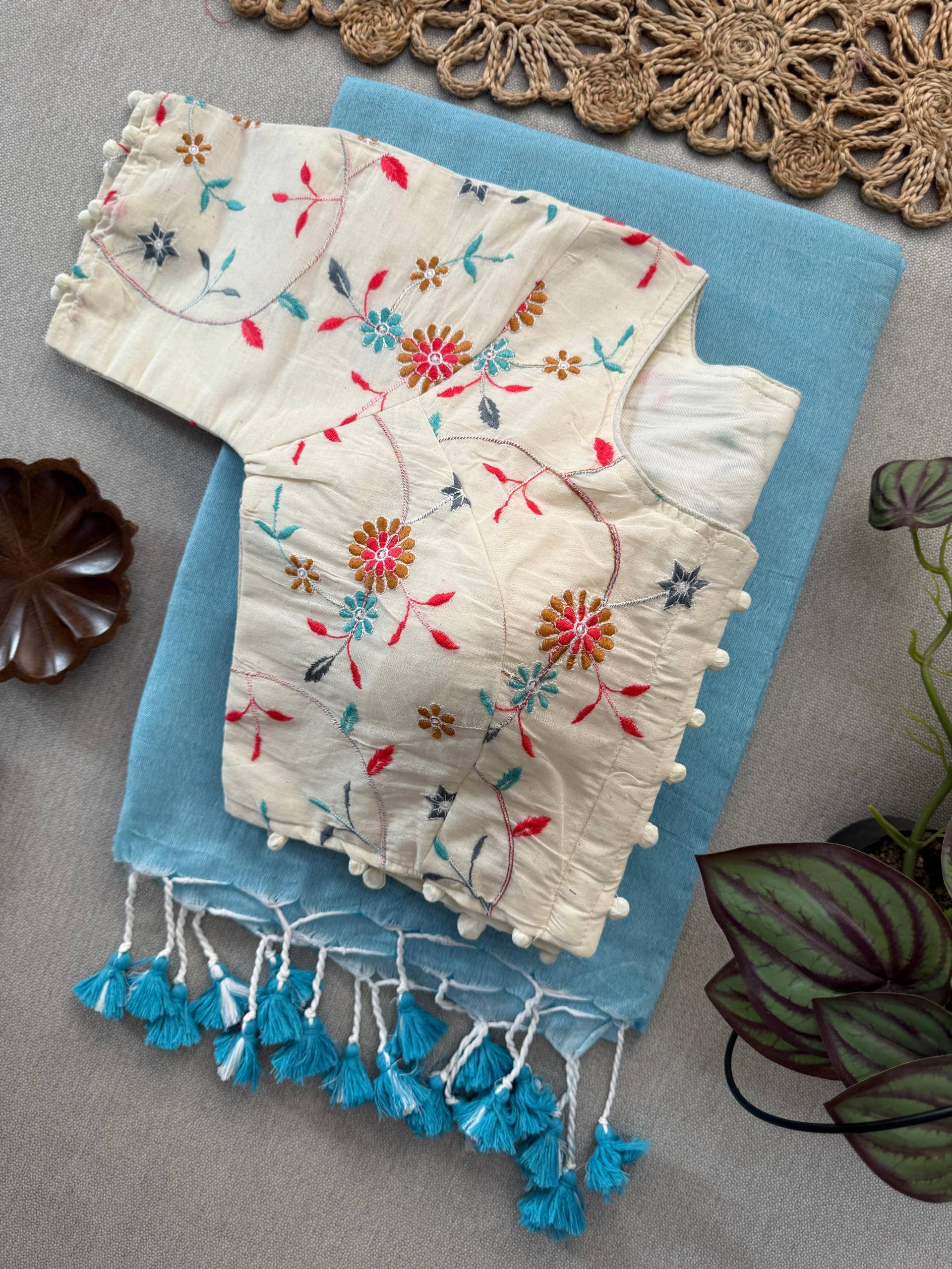 Magic - Sky Handloom Cotton Saree With Havy Embroidery Stitched Blouse