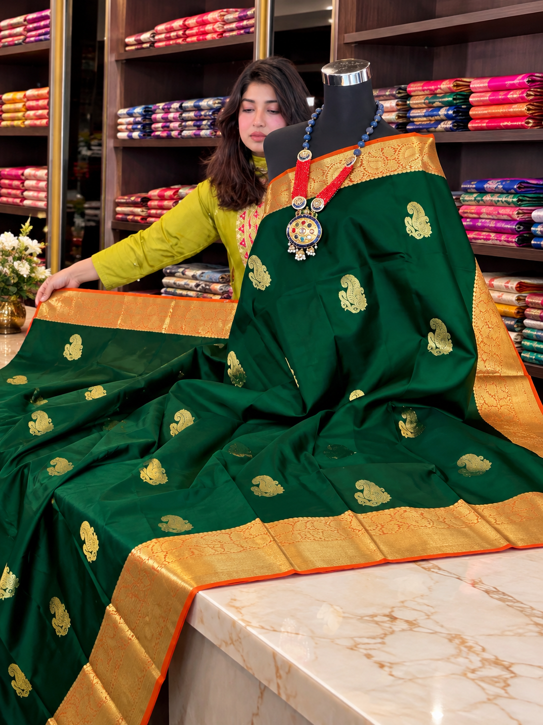 Attractive Dark Green Soft Banarasi Silk Saree with Lovely Blouse Piece