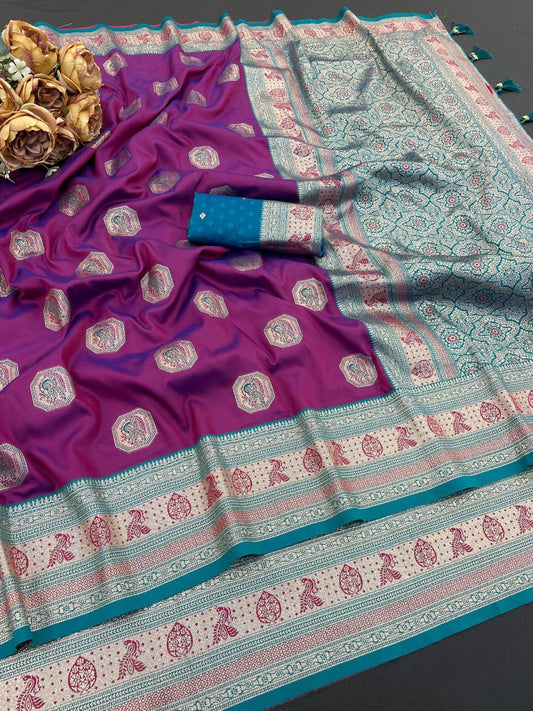 Traditional Purple Silk Saree with Teal Green Designer Border
