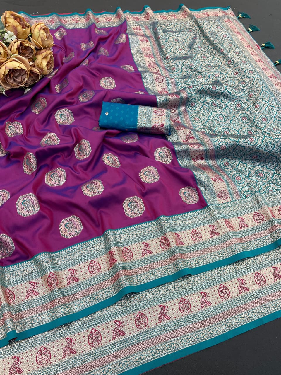 Traditional Purple Silk Saree with Teal Green Designer Border