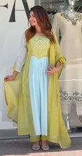 Designer Premium Lime Green & Pastel Blue Pure Mul Chanderi Embroidered Suit Set