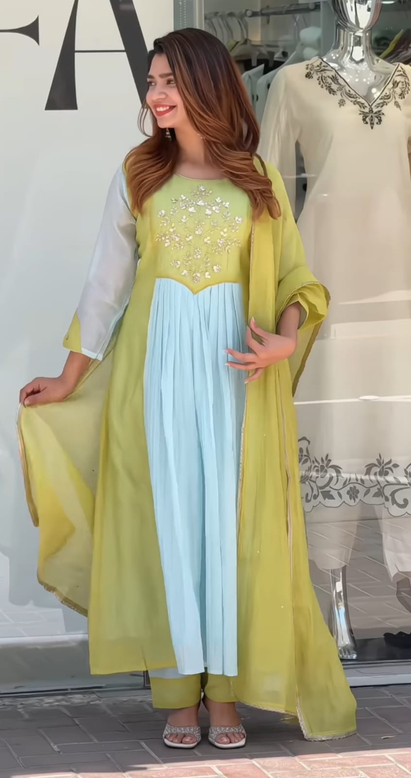 Designer Premium Lime Green & Pastel Blue Pure Mul Chanderi Embroidered Suit Set