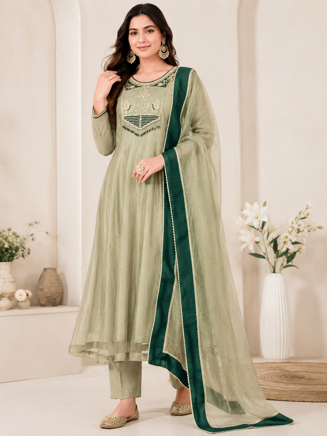 Very Attractive Pastel Sage Green Pure Salsa Silk Embroidered Anarkali Suit Set