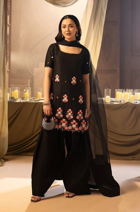Elegant Black Crape Silk Embroidered Sharara Suit Set with Organza Dupatta