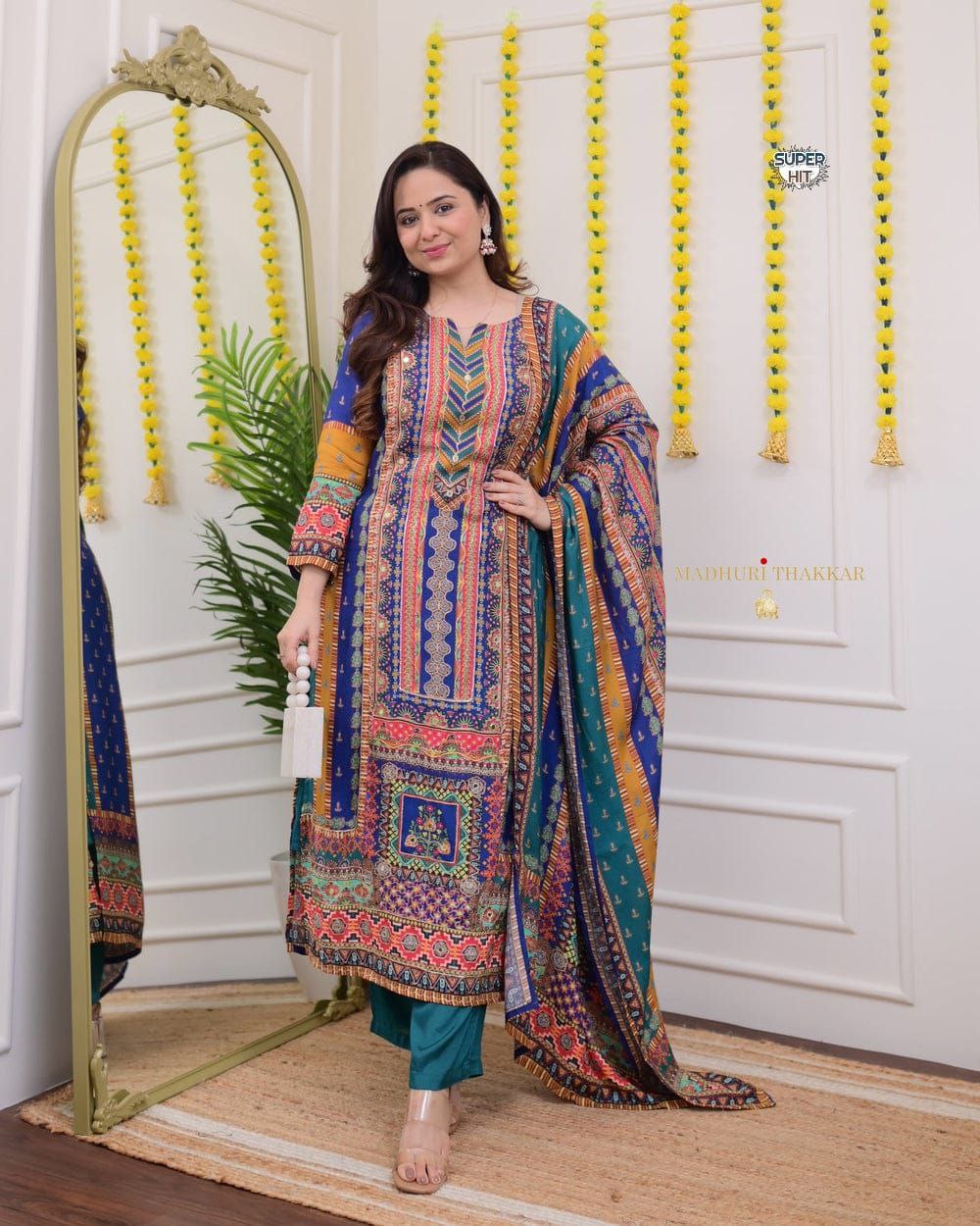 Premium Royal Multi-Color Muslin Printed Suit Set with Dupatta