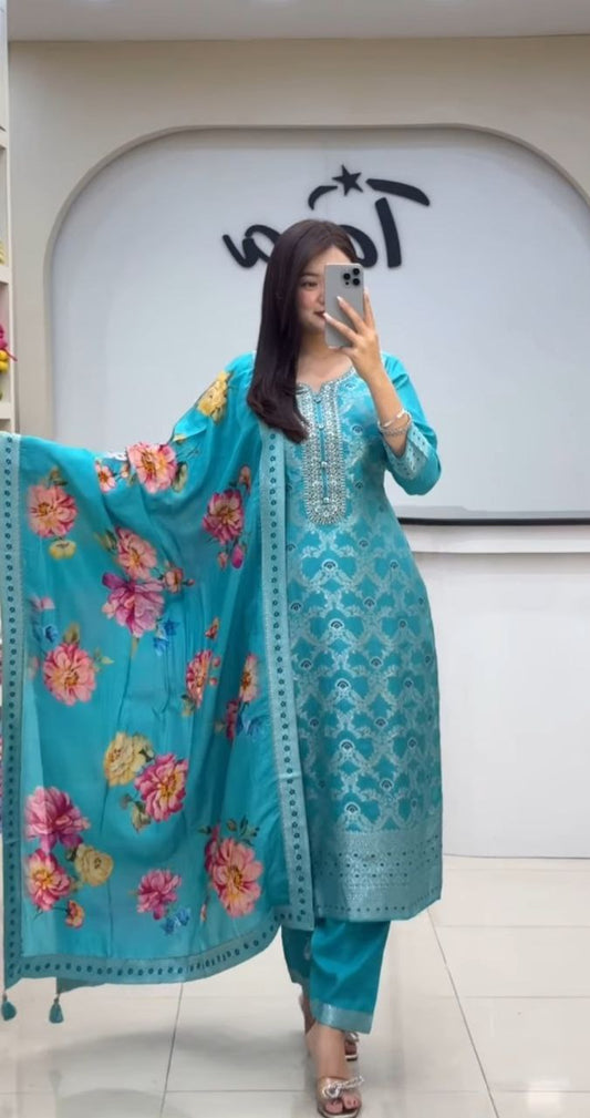 ELEGANT PURE BANARASI SILK JEQUARD WEAVING SUIT SET