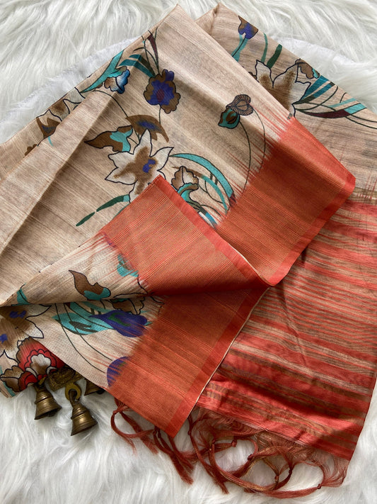 Aurelia Rust Bloom Floral Printed Soft Tussar Silk Saree