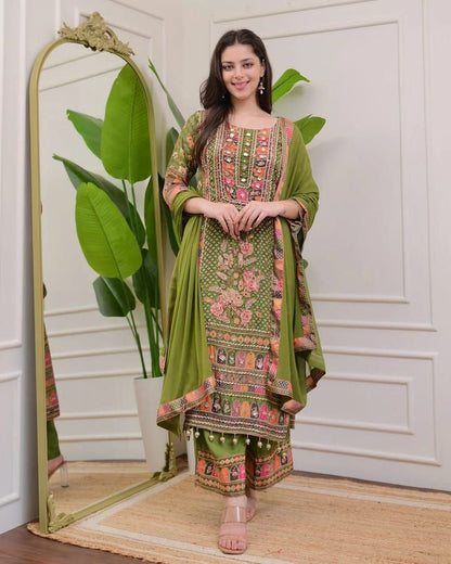 Attractive Mahendi Green Printed Model Satin Suit Set with Fancy Mirror Work