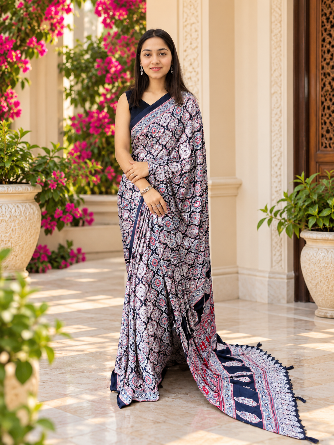 Beautiful Black Semi Gajji Silk Ajrakh Print Saree with Real Mirror Work