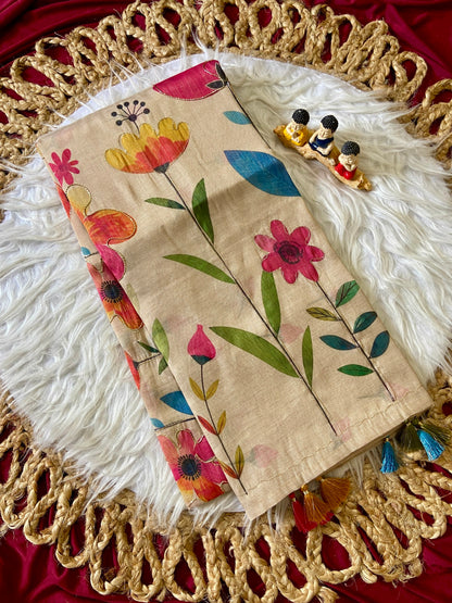 Elegant Beige Floral Handcrafted Aari Work Tissue Silk Saree