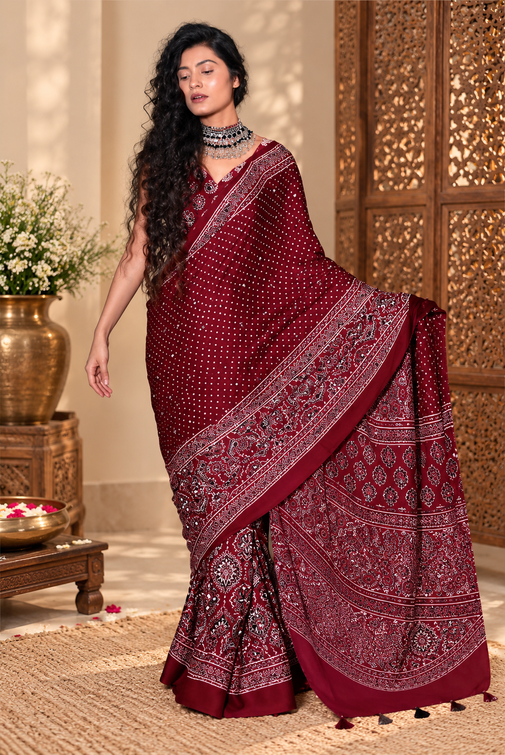 Elegant Traditional Ajrakh Block Printed Gajji Silk Saree With Real Mirror Work