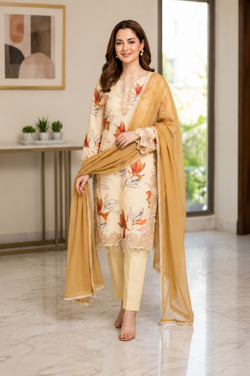 Very Beautiful Cream Muslin Silk Floral Print Suit Set