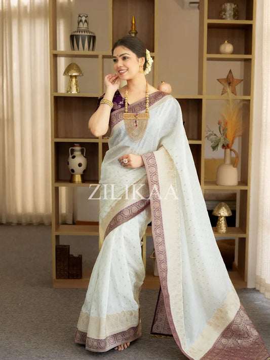Girlish Beige Soft Silk Saree With Outstanding Blouse Piece