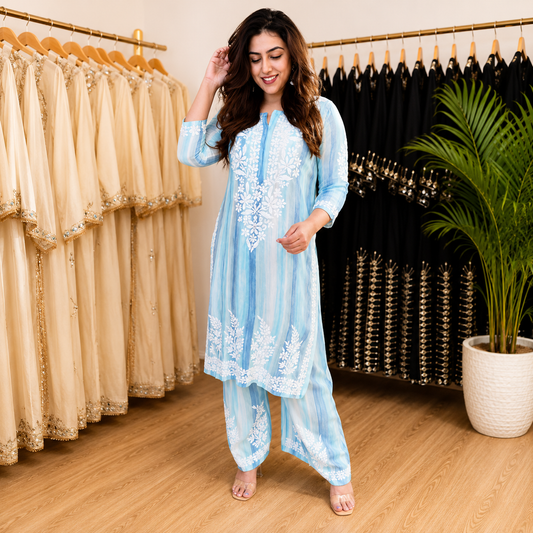 Beautiful Ocean Blue Striped Rayon Embroidery Chikankari Suit Set