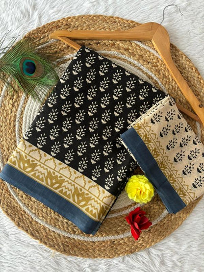 Black Pure Mul Cotton Saree with Bagru Handblock Prints