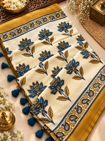 Elegant Cream & Mustard Yellow Floral Hand Block Printed Modal Silk Saree