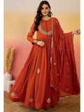 Designer Rust Orange Faux Georgette Embroidered Anarkali Suit Set with Dupatta
