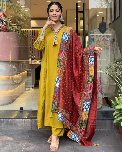 TREMENDOUS YELLOW BEAUTIFUL VISCOSE CHANDERI SUIT SET
