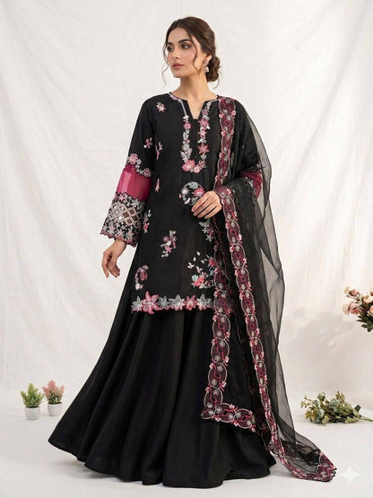 New Designer Black Crape Silk Embroidered Sharara Suit Set with Organza Dupatta
