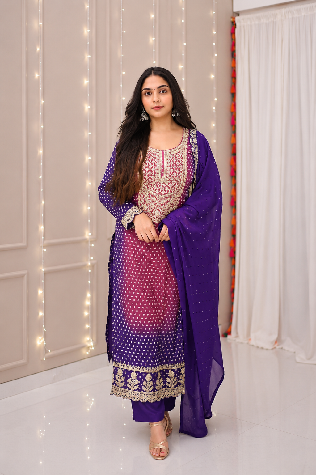 Elegant Dual-Tone Violet Magenta Chinon Silk Embroidery Suit Set