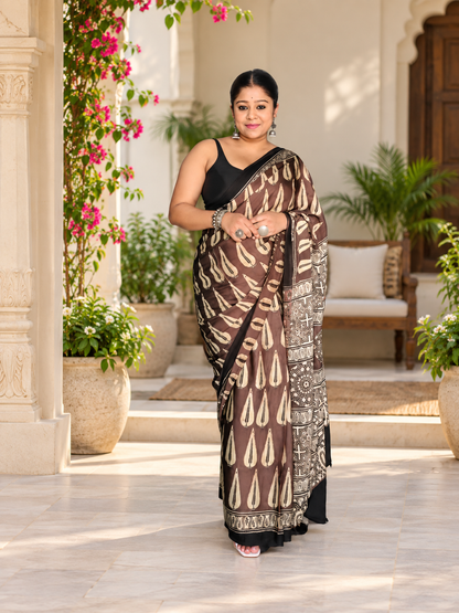 Elegant Brown & Beige Abstract Hand Block Printed Modal Silk Saree