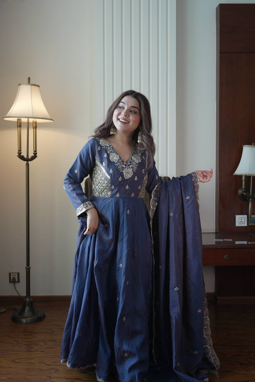 Deep Indigo Embroidered Vichitra Silk Anarkali Suit Set with Dupatta