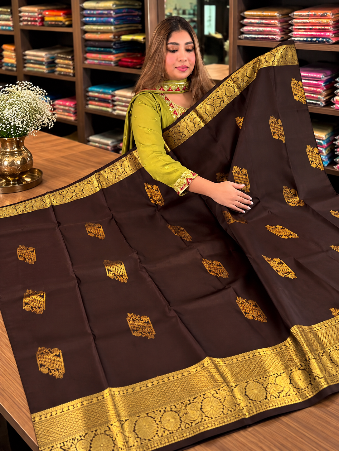 Very Attractive Brown Soft Banarasi Silk Saree with Designer Blouse Piece