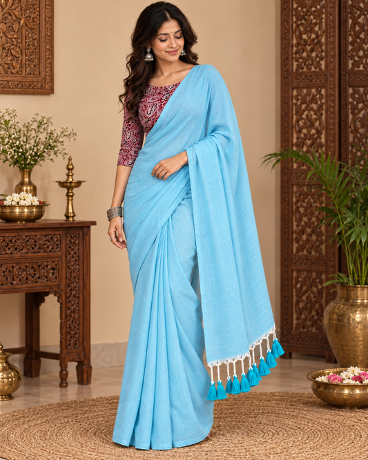 Designer Khadi Cotton Handloom Saree With Stiched Blouse