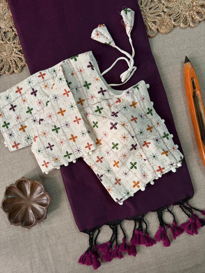 Dharma Exclusive - Wine Handloom Cotton Saree With Havy Embroidery Stitched Blouse