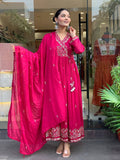 Premium Rani Pink Roman Silk Festive Angrakha Suit Set with Dupatta
